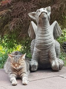 Katze liegt neben Drachenskulptur